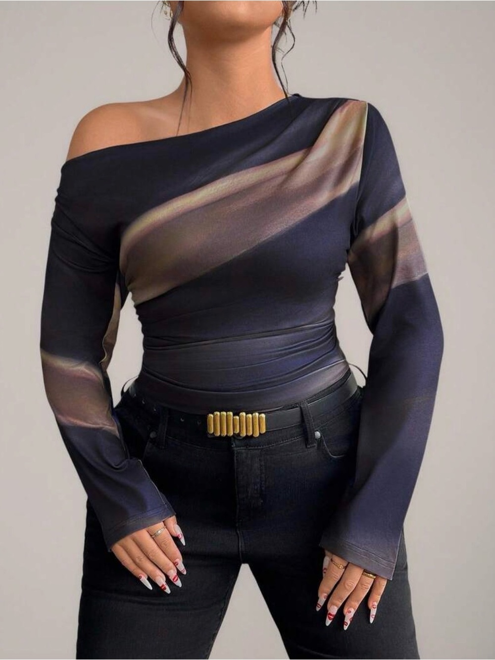 SHEIN Navy One-Shoulder Long Sleeve Top with Taupe Swirl